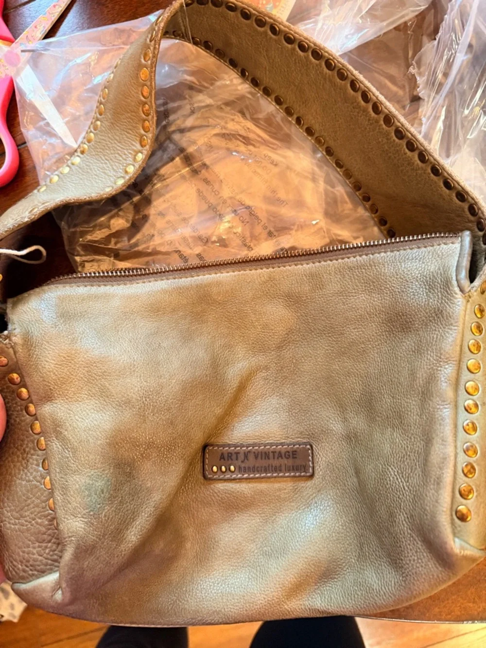 Stud-Trim Leather Hobo Shoulder Bag in Taupe - Picture 9 of 9